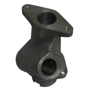 A Racetorations aluminium distributor pedestal with two flanged openings and several bolt holes, against a white background. This distributor pedestal appears robust, typically used in engine assembly for TR2-4A models.