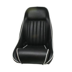 A Racetorations Nimbus Bucket Seat - Vinyl with vertical stitching, viewed from the front, isolated on a white background.