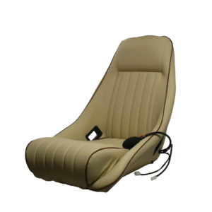 A tan-colored Racetorations Seat Lumbar Support with modern design and lumbar support, featuring vertical stitching, a headrest, side bolsters, and attached electrical wiring, isolated on a white background.