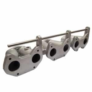 Three Weber Inlet Manifold, Bare - TR5-6 units are aligned in a row and connected by a long metal rod, placed on a white background.