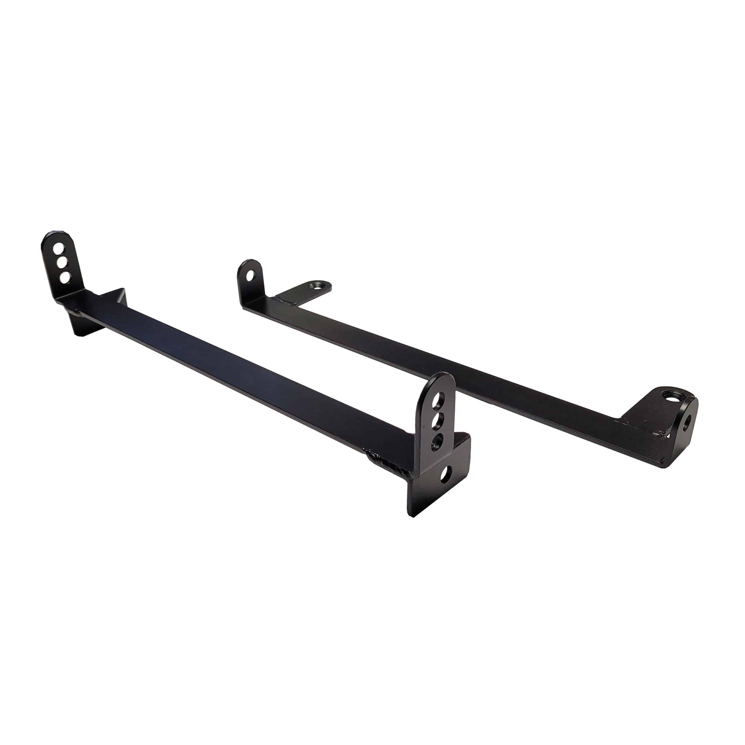 A pair of Racetorations Seat Sub-Frame brackets in black metal, featuring multiple holes at each end, shown parallel on a white background—designed for TR4 to TR6 models.