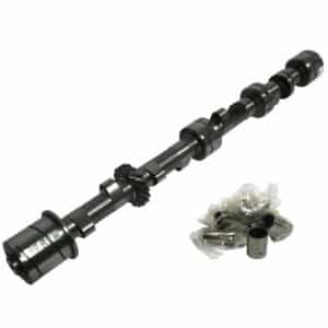 The Racetorations Race Camshaft & Follower Set for TR2-4A & Morgan +4 features a metallic camshaft with multiple lobes and gears, shown alongside its follower set and small engine parts in plastic bags on a white background.