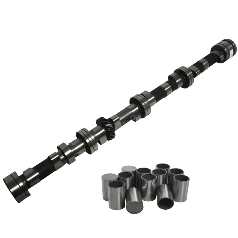 The Racetorations Race Camshaft & Follower Set- TR5-6 is shown, featuring the camshaft with gear and multiple lobes, along with a set of cylindrical tappets arranged in front against a clean white background.