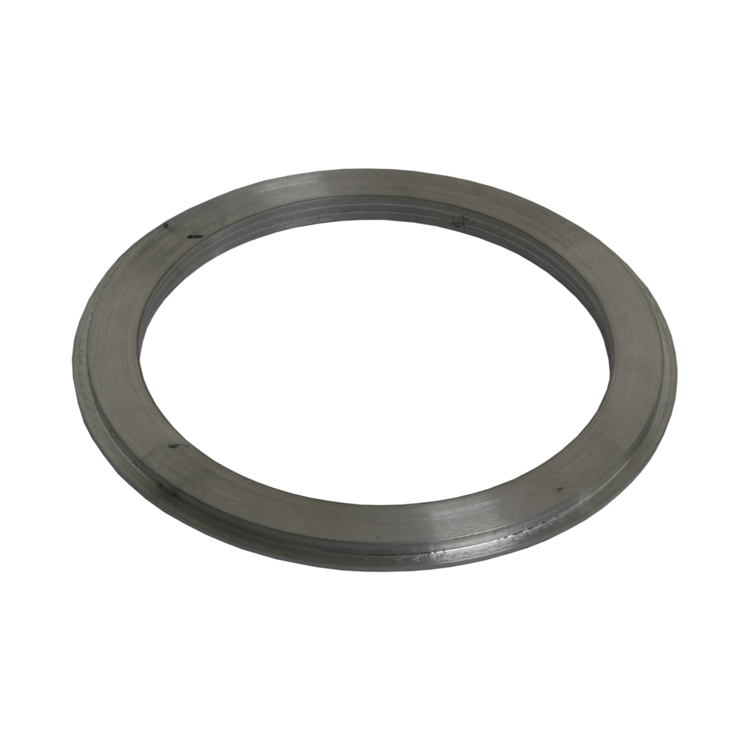 A single metal ring with a smooth, reflective surface and visible machining marks, designed as a Racetorations 100mm Gauge Bezel Adapter - TR2-6, isolated on a white background.