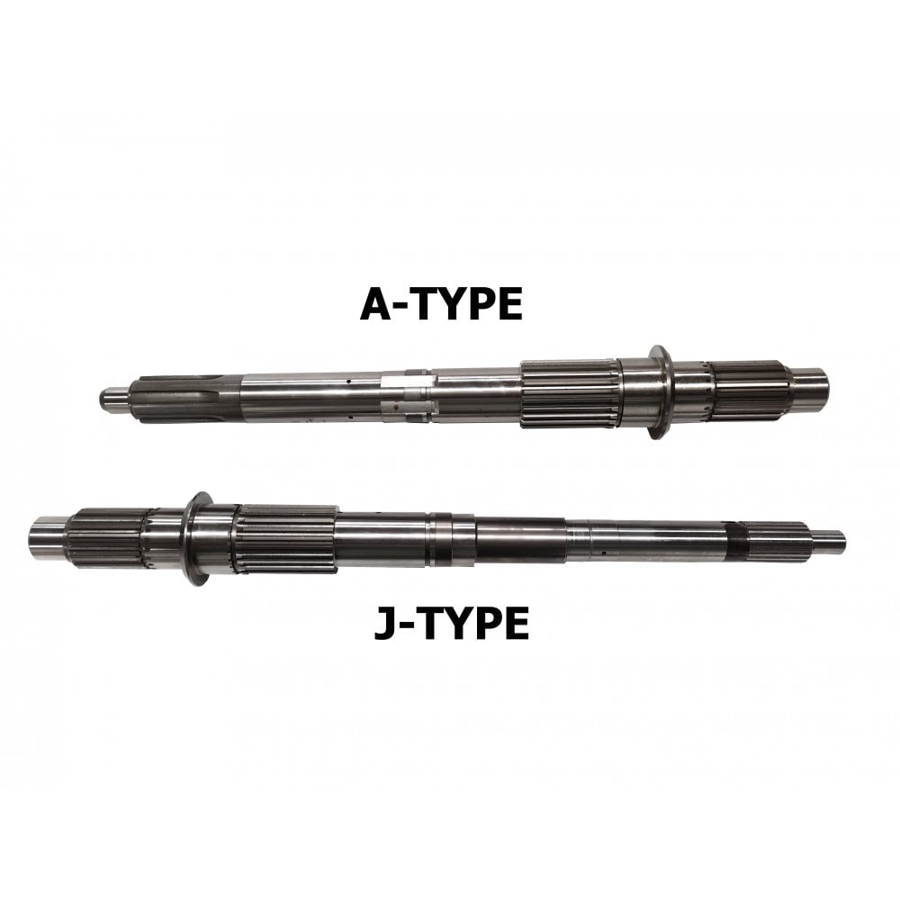 Two metal shafts are shown side by side on a white background. The upper is labelled "A-TYPE," the lower "J-TYPE." Both are designed for TR2-6 models with the Quaife 'Dog' Gear Set upgrade.