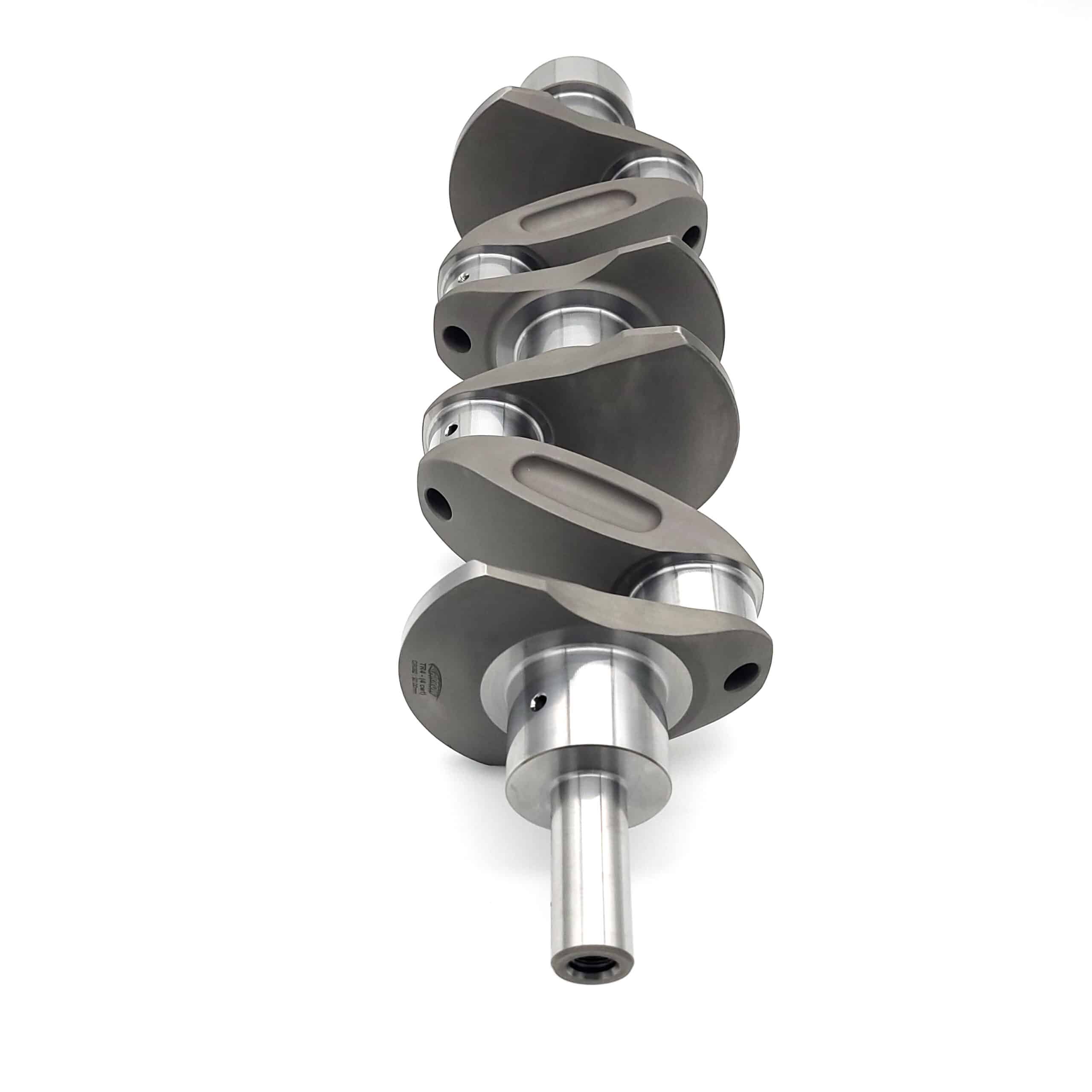 Close-up of an Arrow Precision Engineering Billet Steel Crankshaft, Standard Journal—TR2-4, Morgan +4—showing offset crank pins and smooth machined surfaces, isolated on a white background.