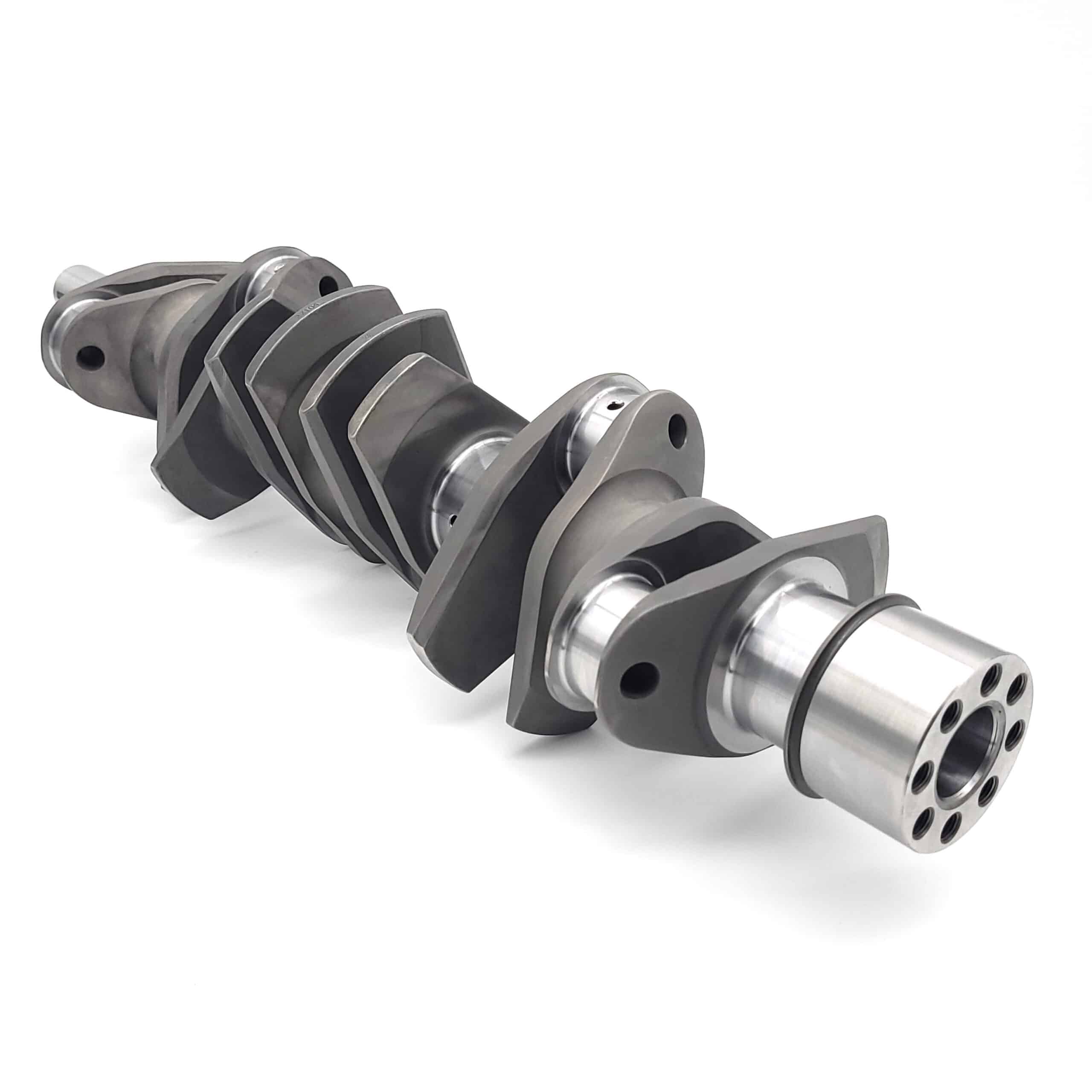 The Arrow Precision Engineering Billet Steel Race Crankshaft for TR5-6 features multiple machined counterweights and journals, displayed on a white background to highlight its polished, detailed metal surfaces.