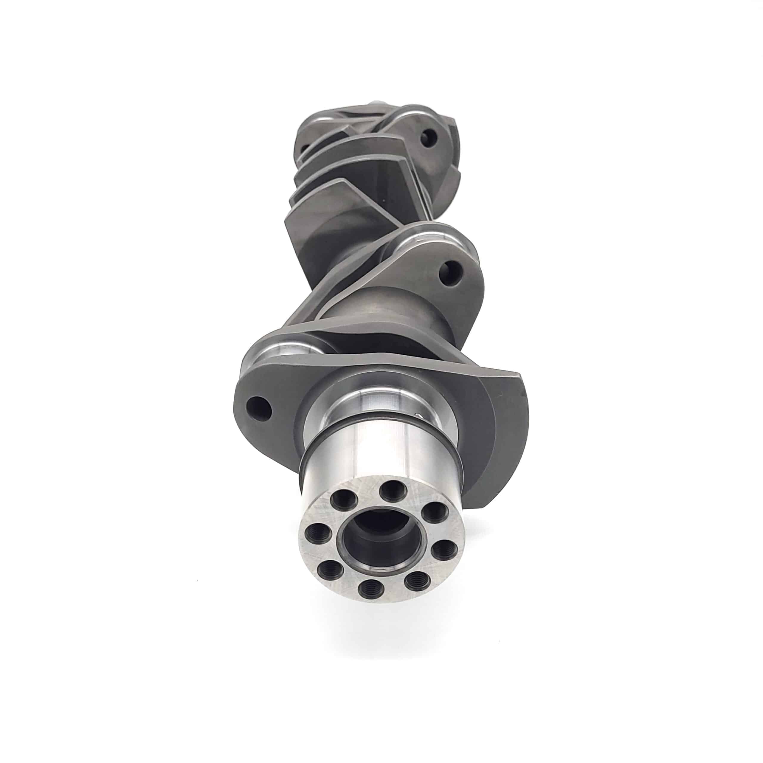 An Arrow Precision Engineering Billet Steel Race Crankshaft for TR5-6 with offset lobes and end holes is shown on a white background, viewed from the front.