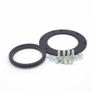 Two black circular metal rings, one perforated, and several silver screws and nuts are displayed on white—components from the Racetorations Billet Steel Crankshaft Seal Housing Kit for TR2-4A & Morgan +4.