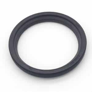 A Racetorations Billet Steel Crankshaft Replacement Seal for TR2-4A & Morgan +4, a black circular rubber gasket with flat, smooth surface and slightly raised edges, is displayed on a white background.