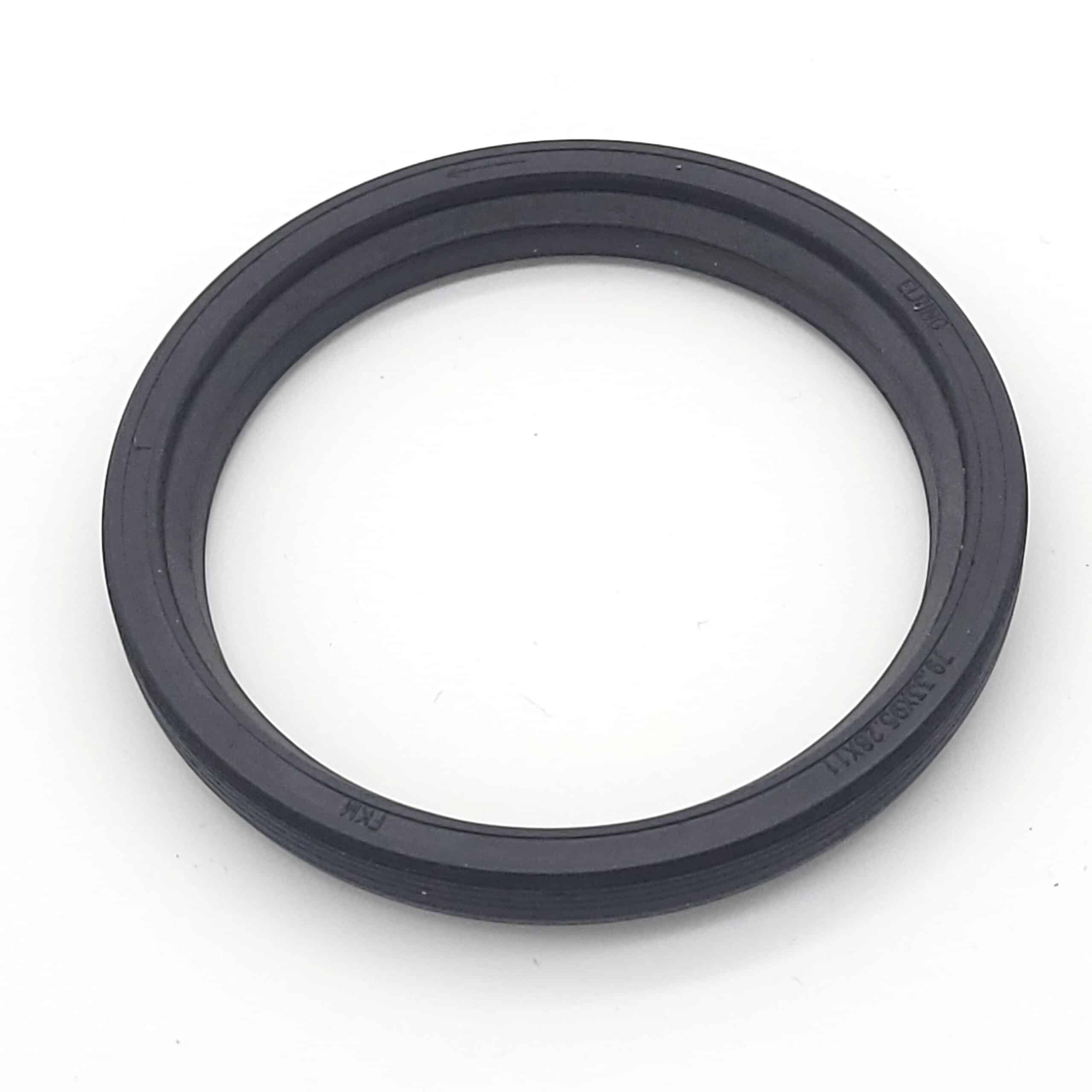 A Racetorations Billet Steel Crankshaft Replacement Seal for TR2-4A & Morgan +4, a black circular rubber gasket with flat, smooth surface and slightly raised edges, is displayed on a white background.
