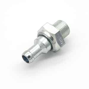 The Inlet Manifold Non-Return Valve, Servo - TR5-6 features a metal body with a threaded end and smooth barbed end, perfect for connecting tubes to equipment or manifolds. Displayed against a white background.