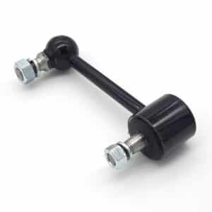 A black metal Rear Lever-Arm Drop Link - TR2-4, supplied with bolts and nuts at both ends, shown on a white background.