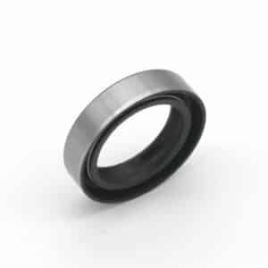 A metal ring-shaped bearing seal with a smooth, shiny outer surface and a black inner lining, photographed on a plain white background.