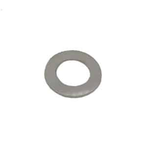 A single metallic flat washer with a circular hole in the centre is placed on a plain white background.
