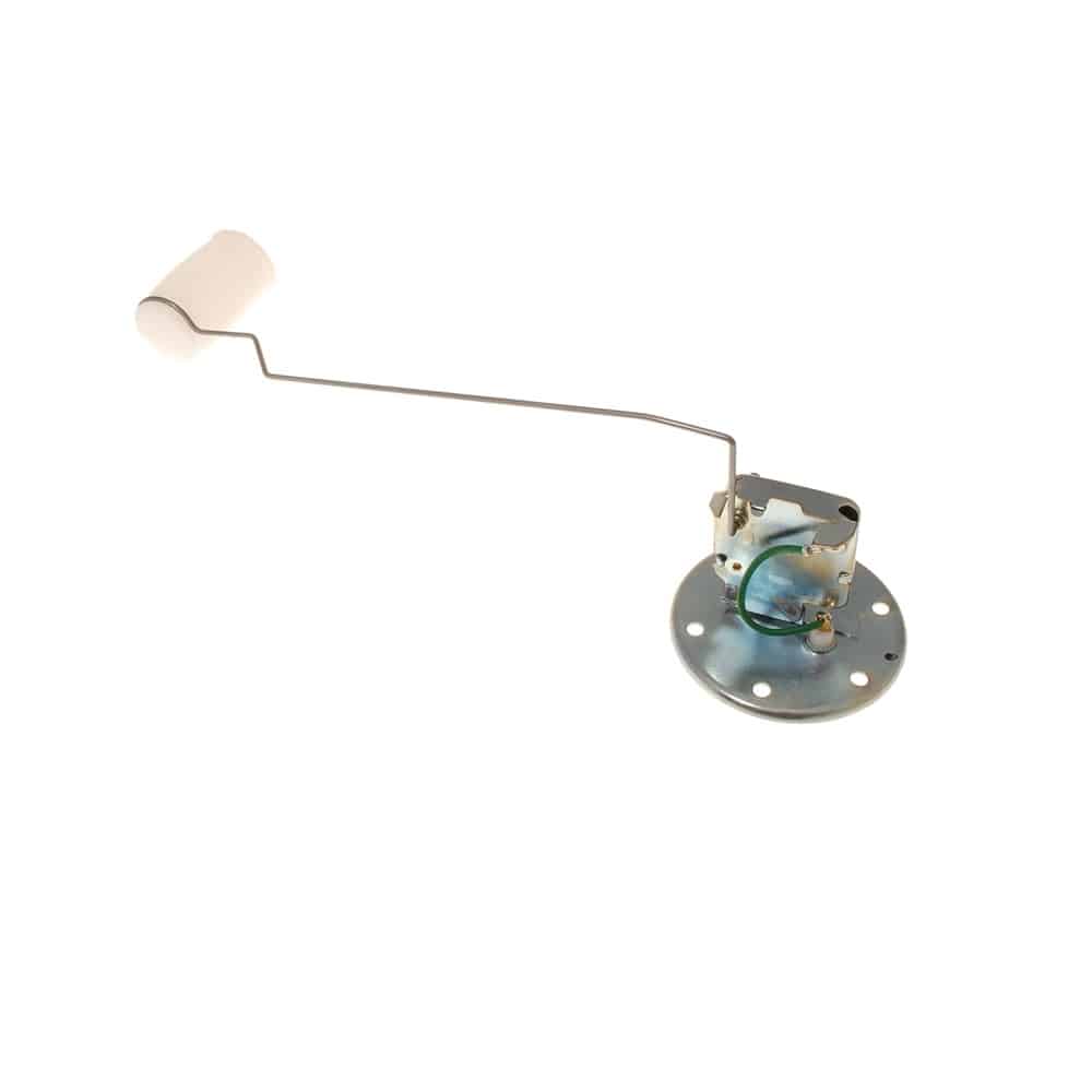 TR4 to TR6 Fuel Sender featuring a metal construction with a float on a slim arm, connected to a round mounting plate with multiple holes, displayed on a white background. This unit provides accurate fuel level readings for classic vehicles.