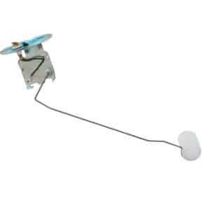 Triumph TR4 to TR6 Fuel Sender: Features a metal sender unit with a circular plate, connected to a thin bent metal rod ending in a white cylindrical float, isolated on a white background—perfect as a replacement for TR6 fuel senders or compatible with TR4 fuel sender applications.