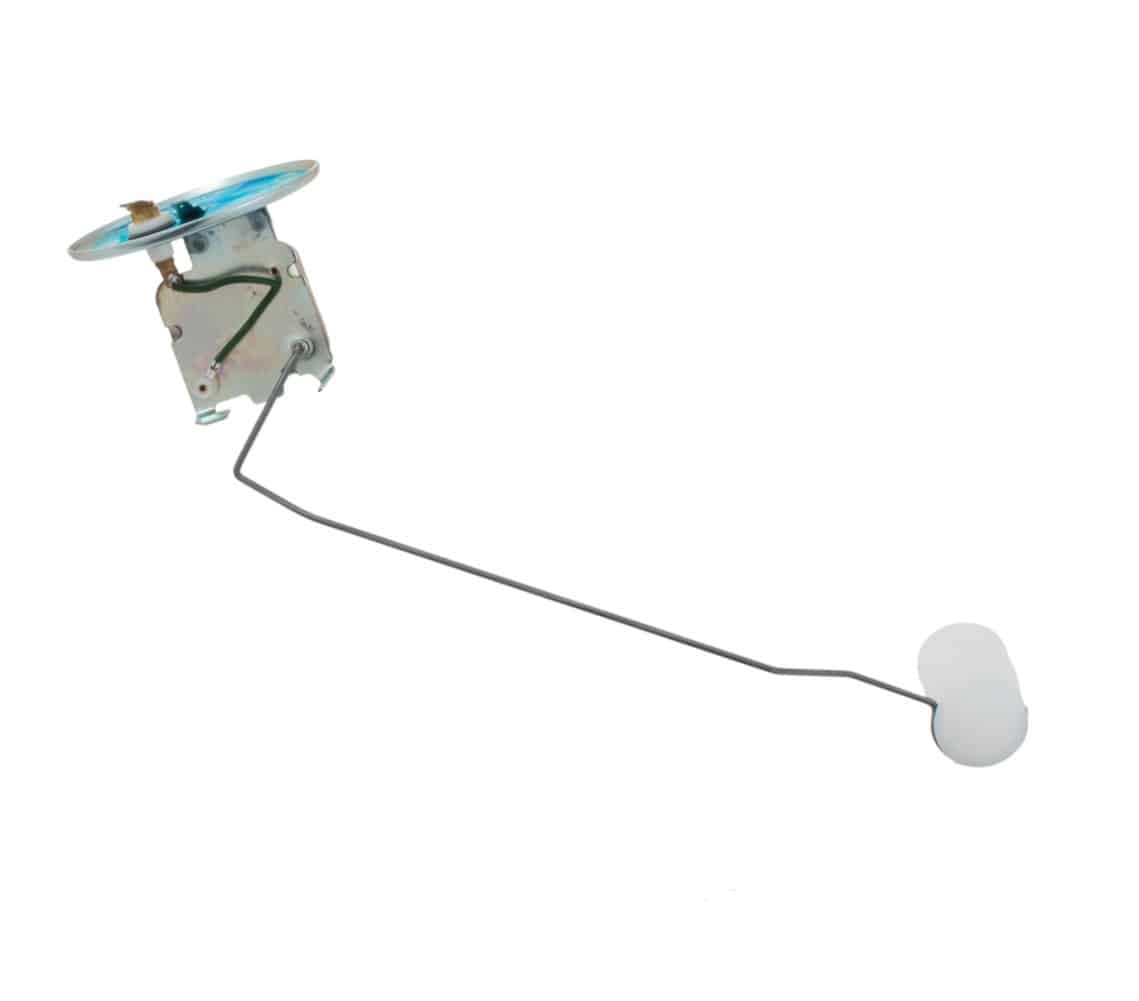Triumph TR4 to TR6 Fuel Sender: Features a metal sender unit with a circular plate, connected to a thin bent metal rod ending in a white cylindrical float, isolated on a white background—perfect as a replacement for TR6 fuel senders or compatible with TR4 fuel sender applications.