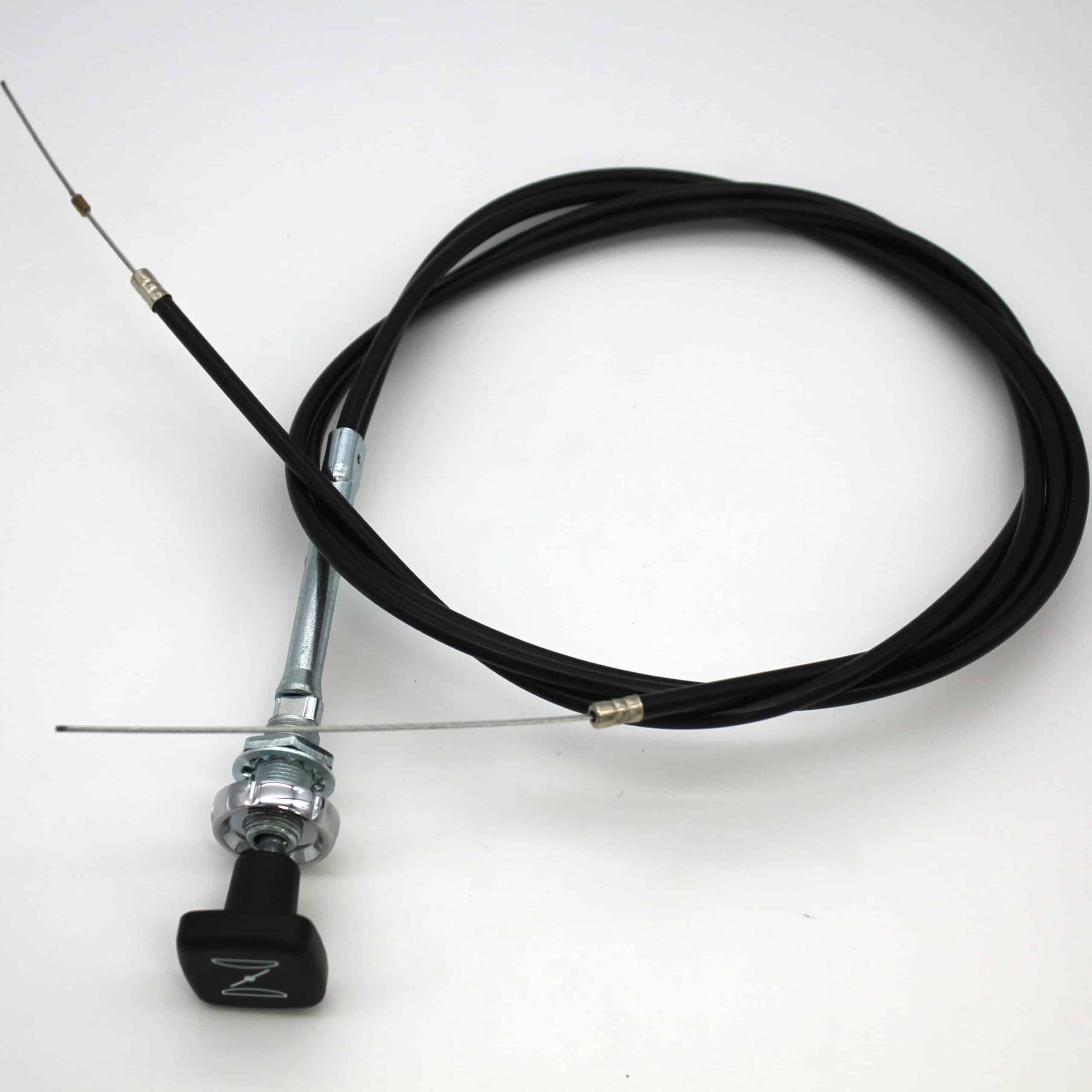 A black and silver choke cable for TR6 coiled on white, with pictorial knob