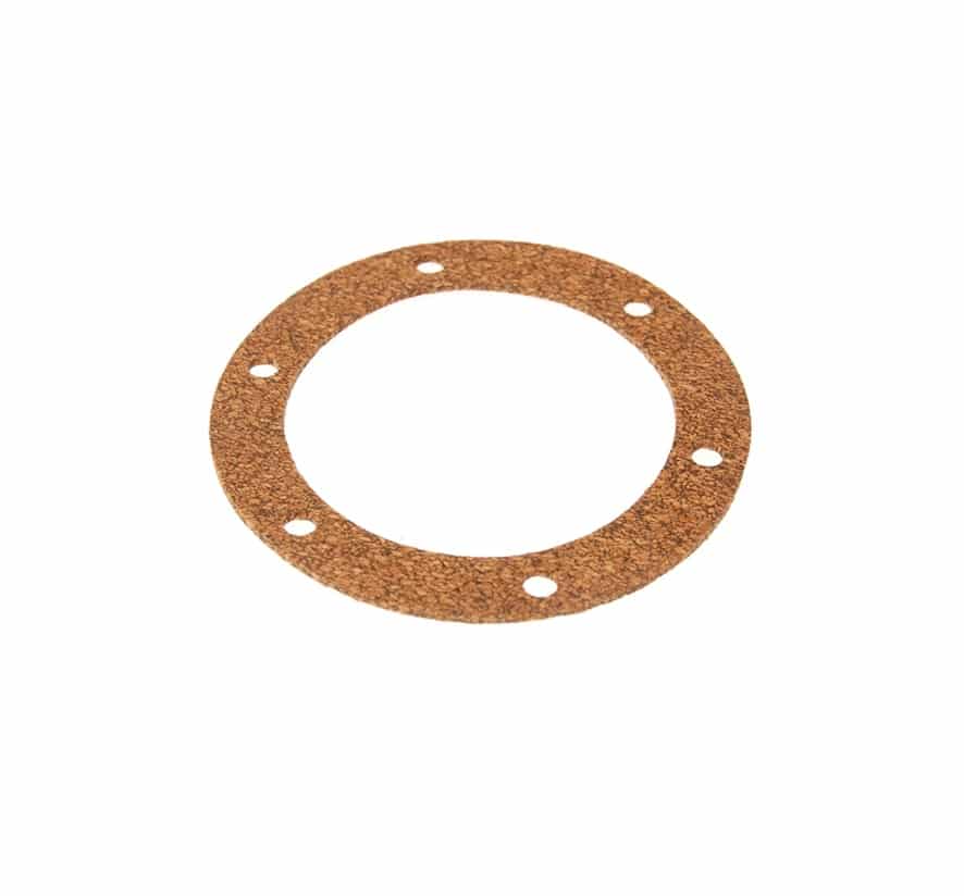 A flat, round Fuel Sender Unit Cork Gasket for Triumph TR2 to TR6, featuring six evenly spaced holes near the edge and displayed on a white background.