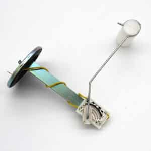 A fuel level sensor for a vehicle, showing a metal float arm attached to a plastic and metal base with electronic components and wires, placed on a white background.