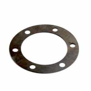 A flat, circular metal washer with a large central hole and six evenly spaced smaller holes around the perimeter, placed on a white background.