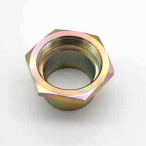 A hexagonal metal threaded nut or fitting with a shiny, slightly iridescent finish, photographed on a plain white background.