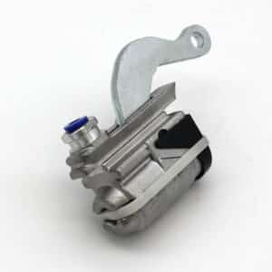 A Triumph TR2 and TR3 Rear Wheel Cylinder made of Aluminium with a hand brake lever attached set against a plain white background.