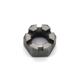 A metal castellated nut with six notches around the top edge, designed for use with a split pin to secure it in place on a threaded bolt or shaft.