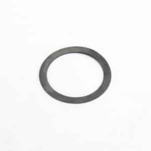 A thin, flat, circular metal washer with a large centre hole, placed on a white background.