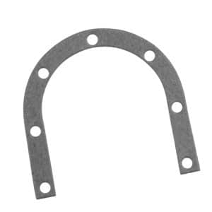 Grey, U-shaped TR5-6 Crank Seal Housing Gasket with six evenly spaced round holes, photographed against a white background; commonly used for crank seal housing applications in TR5 and TR6 models.
