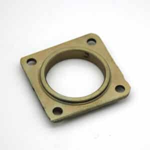 A square metal flange with a circular central opening and four bolt holes, one at each corner, placed on a white background.