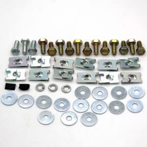 Assorted metal fasteners, including bolts, screws, nuts, clips, washers, and two small rectangular rubber pieces, are neatly arranged in rows on a white background.