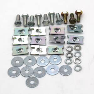 Various metal hardware components, including bolts, screws, washers, lock washers, and U-nuts, arranged in neat rows on a white surface.