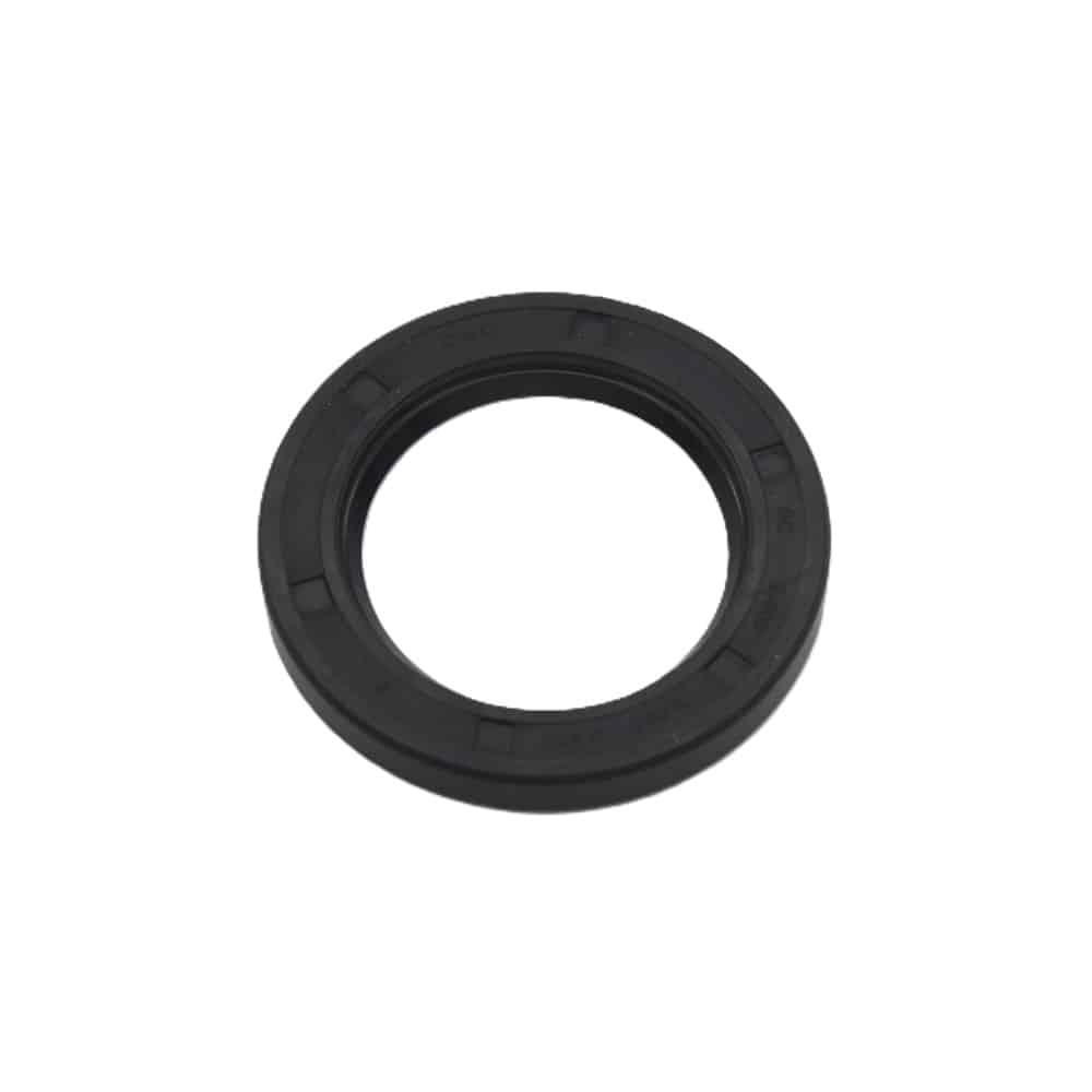 A black circular rubber timing cover oil seal with a smooth outer edge and grooved inner surface, placed on a white background. to suit a Triumph TR5, TR250 or TR6