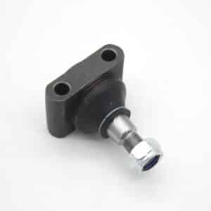 A metal automotive ball joint with a black mounting plate featuring two holes, a round black housing, and a threaded stud ending in a hexagonal nut, placed on a white background.