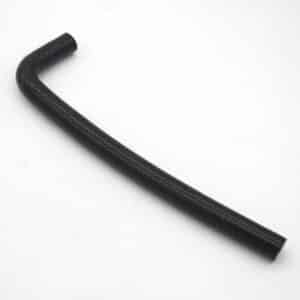A black, L-shaped rubber hose is placed on a white background.