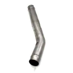 A metal pipe with a noticeable bend near the middle, placed on a white background.