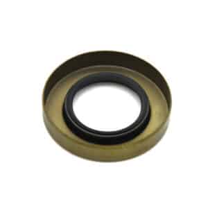 A circular metal component with a raised outer rim and a black inner ring, resembling a mechanical or automotive seal or gasket, on a white background.
