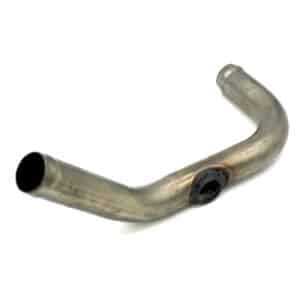 A metal, bent exhaust pipe with an added sensor port near its centre, positioned on a white background.