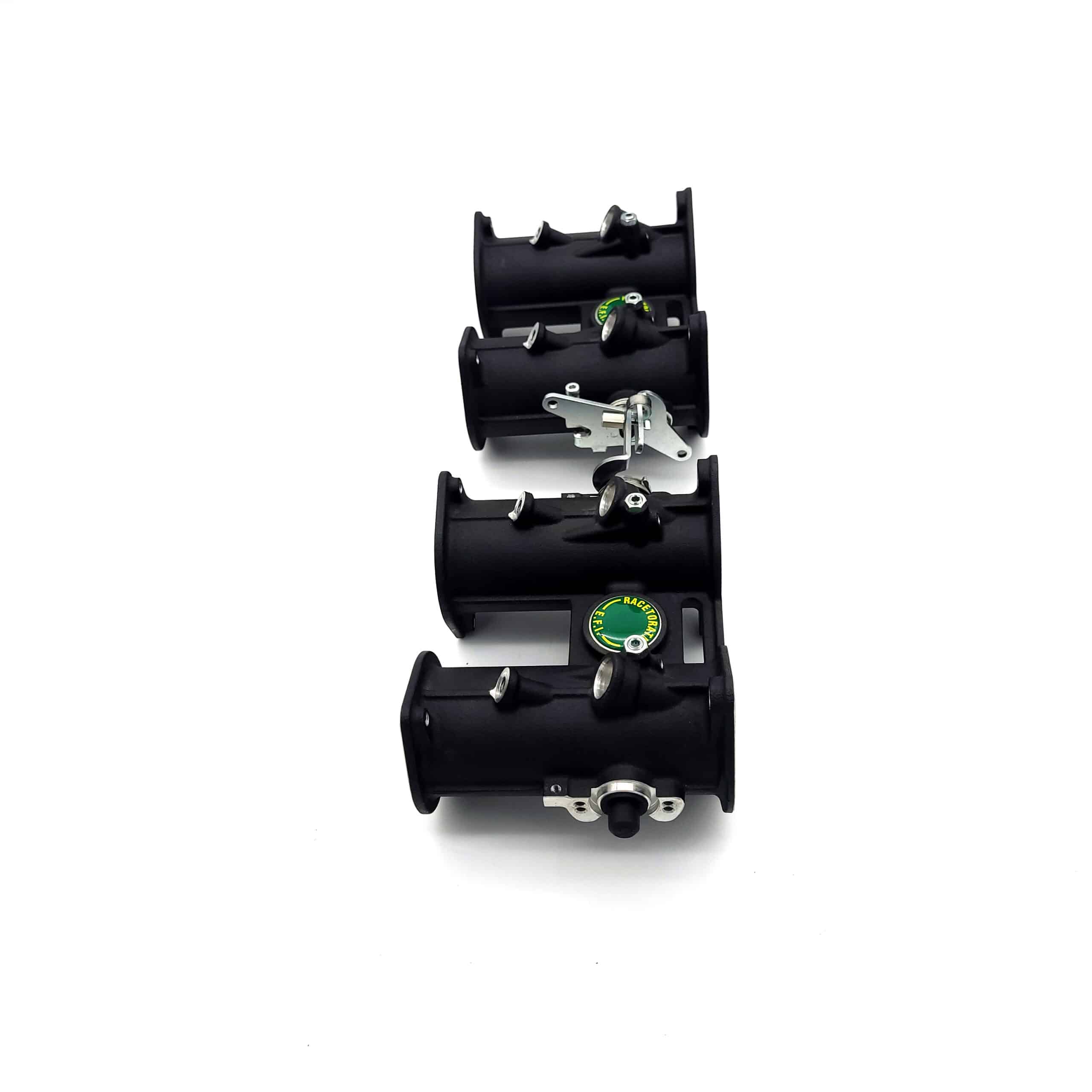 Three identical black fishing rod holders with green dials, resembling the Jenvey DCOE Throttle Body Set - TR2-4A, are aligned vertically against a white background.