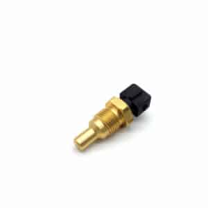A brass automotive sensor with a threaded body and a black plastic connector, placed on a white background.