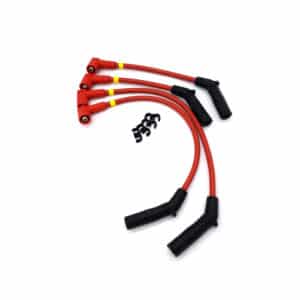 Four red ignition wires with black boots and yellow markings, along with three black plastic wire separators, are arranged on a white background.