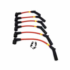 Six red ignition wires with black connectors are arranged in a row, next to three small black clip-like pieces, all displayed on a white background.