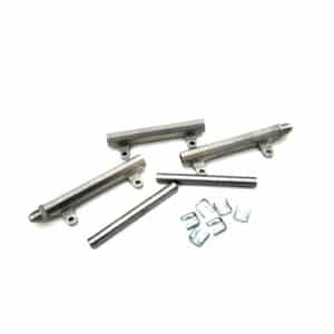 Four metal rods with mounting tabs and threaded ends, accompanied by two plain rods and six small metal clips, are arranged on a white background.