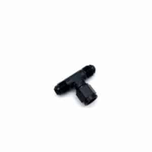 A black T-shaped plastic pipe fitting with threaded ends is displayed on a white background.