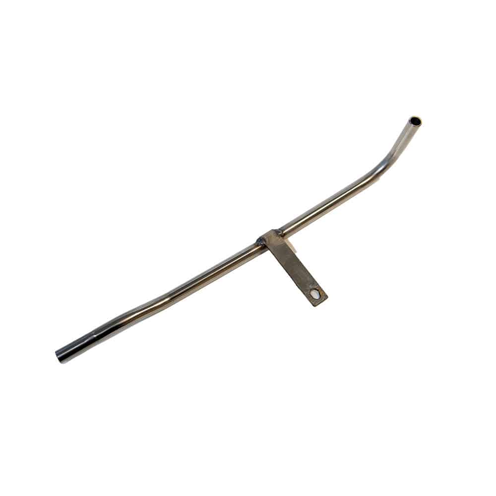 The Water Pump Housing Pipe, Stainless Steel - TR2-3A is a slender rod with two bends, featuring an attached bracket with a hole. It's displayed against a white background.