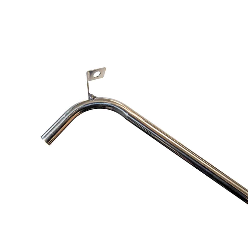 The Water Pump Housing Pipe, Stainless Steel - TR5-6 is a sleek chrome pipe with a small mounting bracket near the end, bending at a right angle for easy connection to a TR5-6 water pump housing, all set against a crisp white background.