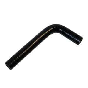 The smooth black L-shaped Bulkhead to Engine Hose for TR2-3A models, set against a white background, boasts flexible silicone construction that ensures durability with a sleek look.