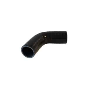 A black silicone Radiator Bottom Hose, TR2-4A, with a 90-degree bend on a white background; its surface is textured and the interior smooth.